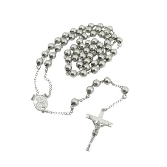 Mens Stainless Steel Silver Tone Rosary Chain Necklace with Cross 8MM 1