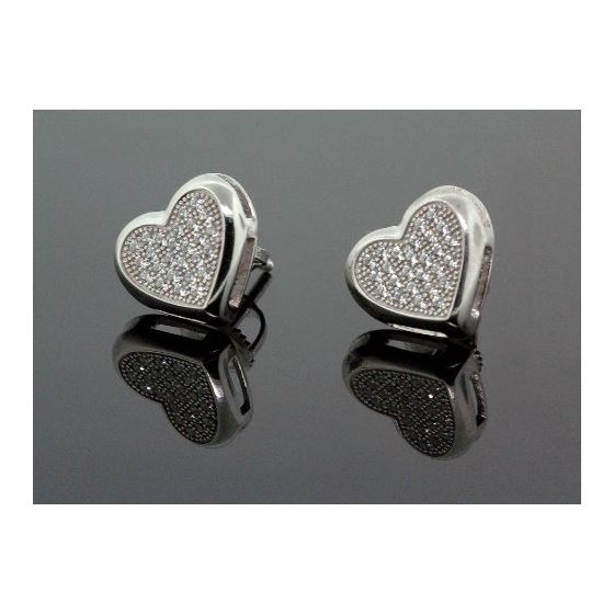 .925 Sterling Silver White Heart White Crystal Micro Pave Unisex Mens Stud Earrings 1