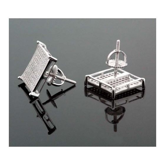 .925 Sterling Silver White Square White Crystal Micro Pave Unisex Mens Stud Earrings 3