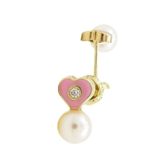 14K Yellow gold Heart pearl cz stud earrings for Children/Kids web173 1