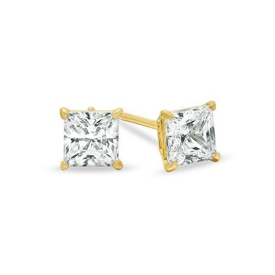 Unisex 14K Solid Yellow Gold 4mm Princess Square Cut CZ Earrings Free Box 38-23Y Size unisex