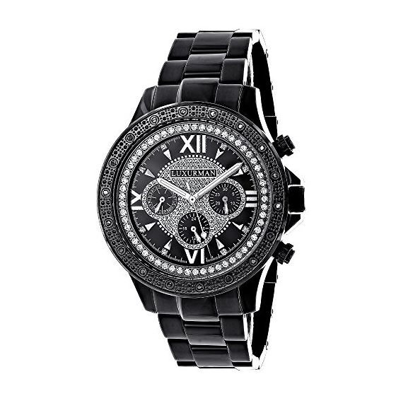 Mens Real Black Diamond Watch 0.20ct Black MOP Black Steel Band by Luxurman 1