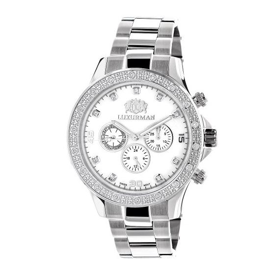 Luxurman Mens Real Diamond Watch 0.2ct White Gold Plated White MOP Liberty 1