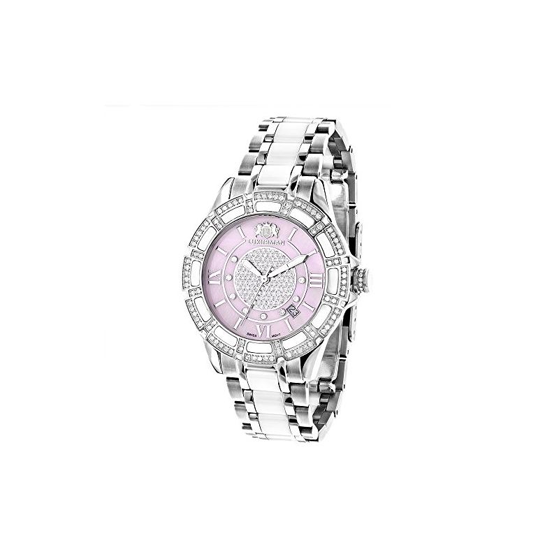 White Leather Ceramic Womens Real Diamond Watch 1.25ct Pink MOP ...